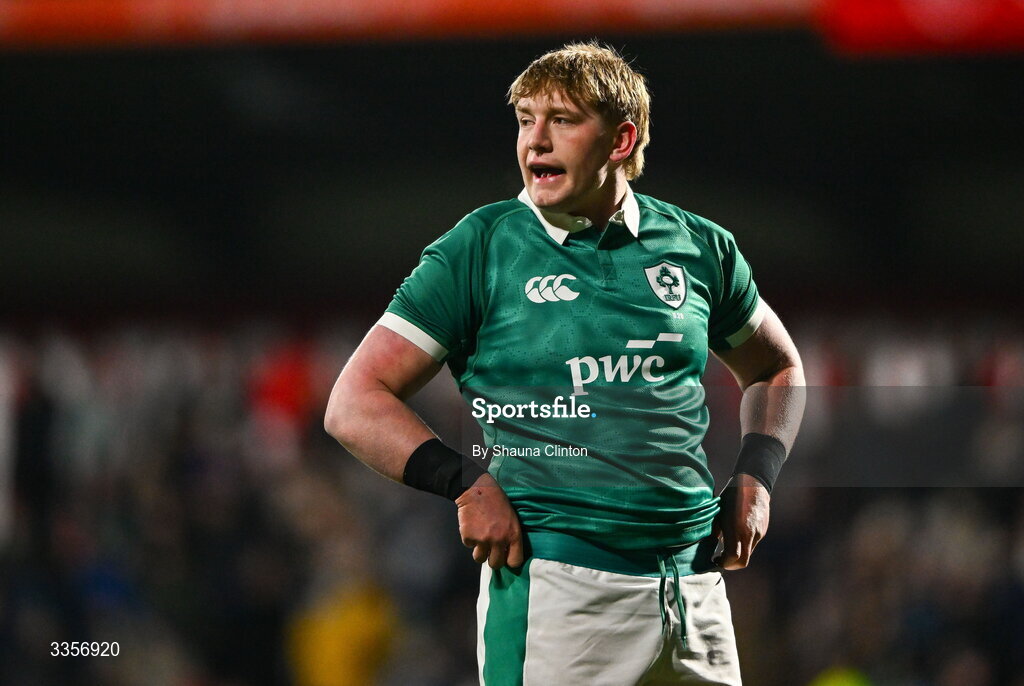 13 February 2026; Rian Handley of Ireland during the U20 Six Nations Rugby Championship match between Ireland and Italy at Virgin Media Park in Cork. Photo by Shauna Clinton/Sportsfile