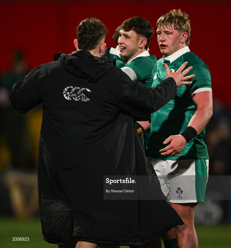 13 February 2026; Rian Handley of Ireland, right, with team-mates after their side's victory in the U20 Six Nations Rugby Championship match between Ireland and Italy at Virgin Media Park in Cork. Photo by Shauna Clinton/Sportsfile
