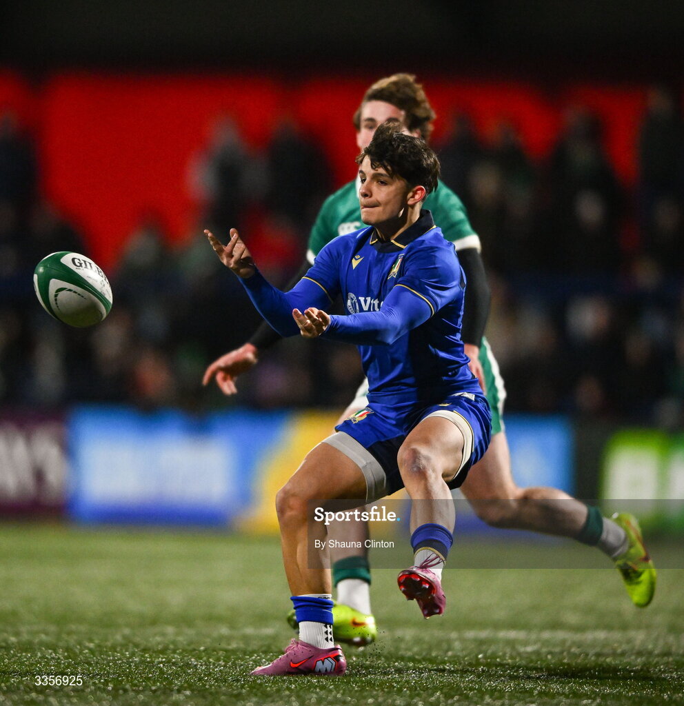 13 February 2026; Francesco Braga of Italy makes a pass during the U20 Six Nations Rugby Championship match between Ireland and Italy at Virgin Media Park in Cork. Photo by Shauna Clinton/Sportsfile