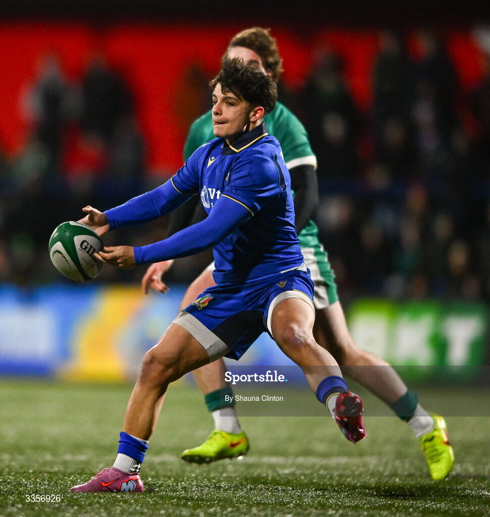 13 February 2026; Francesco Braga of Italy makes a pass during the U20 Six Nations Rugby Championship match between Ireland and Italy at Virgin Media Park in Cork. Photo by Shauna Clinton/Sportsfile