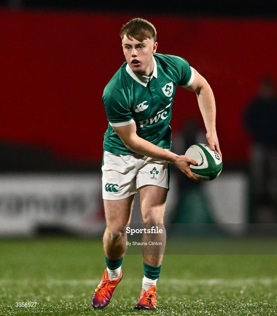13 February 2026; Charlie O'Shea of Ireland during the U20 Six Nations Rugby Championship match between Ireland and Italy at Virgin Media Park in Cork. Photo by Shauna Clinton/Sportsfile