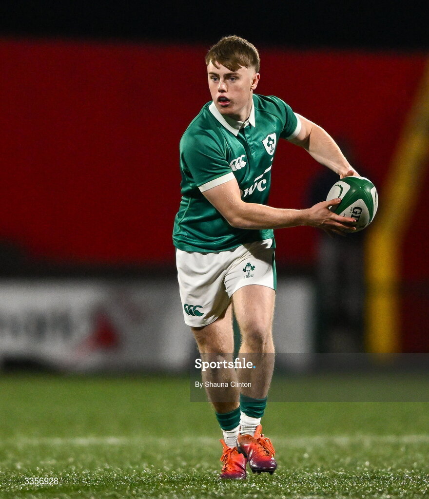 13 February 2026; Charlie O'Shea of Ireland during the U20 Six Nations Rugby Championship match between Ireland and Italy at Virgin Media Park in Cork. Photo by Shauna Clinton/Sportsfile