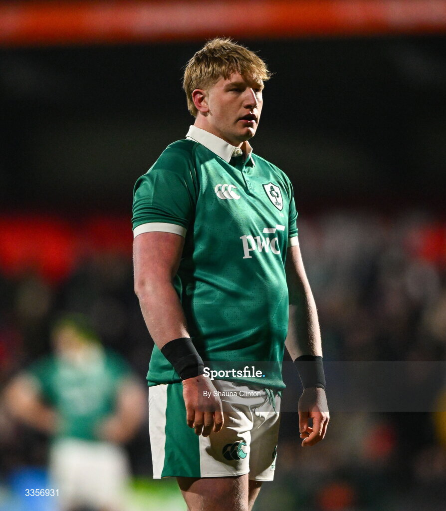 13 February 2026; Rian Handley of Ireland during the U20 Six Nations Rugby Championship match between Ireland and Italy at Virgin Media Park in Cork. Photo by Shauna Clinton/Sportsfile