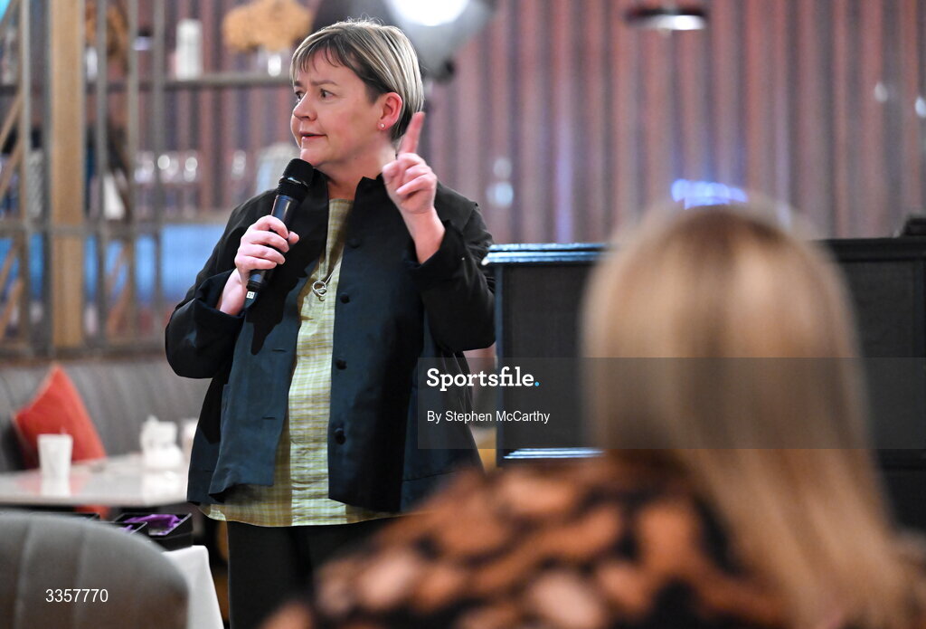 14 February 2026; Joan Kehoe, founder and CEO of alchelyst and chairperson of Kilmacud Crokes, speaking at the Learn to Lead LGFA Female Leadership Programme graduation evening at The Carlton Hotel in Santry, Dublin. The Learn to Lead programme was devised to develop the next generation of leaders within Ladies Gaelic Football. Photo by Stephen McCarthy/Sportsfile