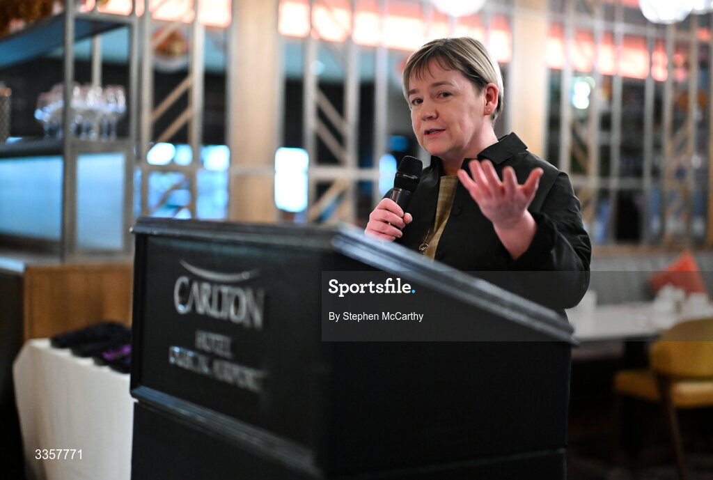 14 February 2026; Joan Kehoe, founder and CEO of alchelyst and chairperson of Kilmacud Crokes, speaking at the Learn to Lead LGFA Female Leadership Programme graduation evening at The Carlton Hotel in Santry, Dublin. The Learn to Lead programme was devised to develop the next generation of leaders within Ladies Gaelic Football. Photo by Stephen McCarthy/Sportsfile