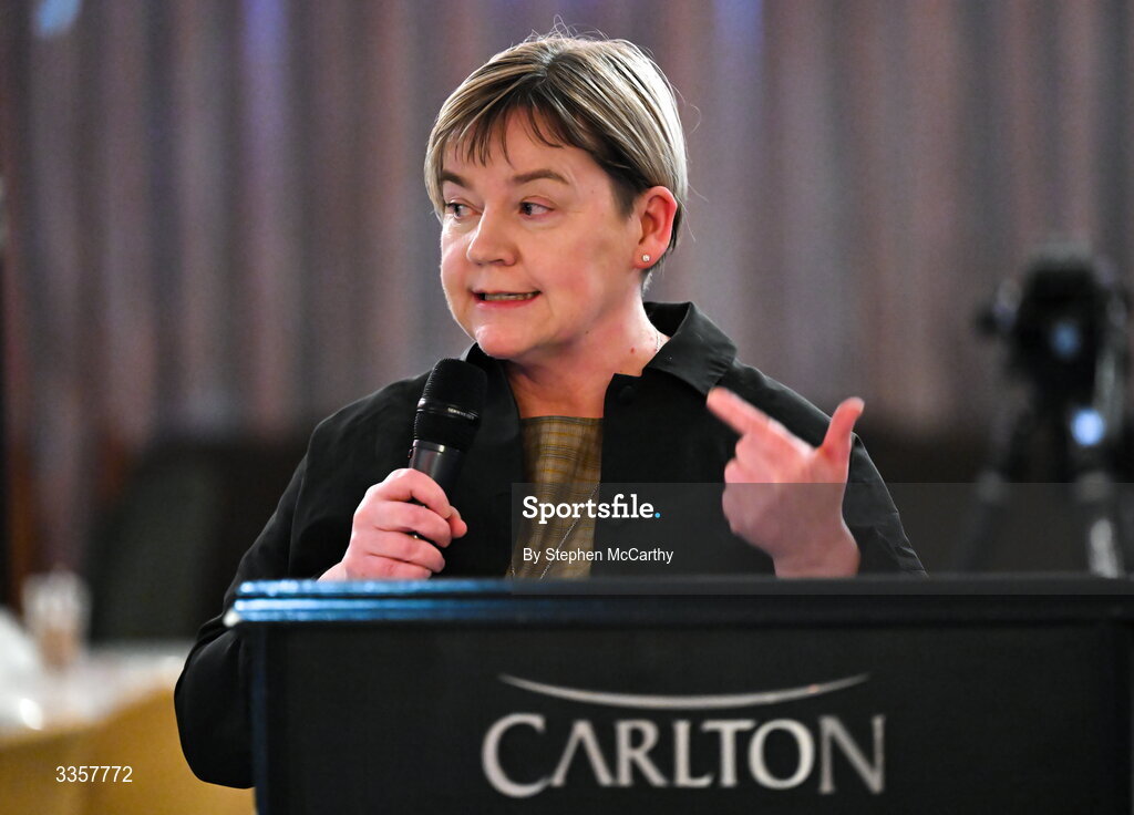 14 February 2026; Joan Kehoe, founder and CEO of alchelyst and chairperson of Kilmacud Crokes, speaking at the Learn to Lead LGFA Female Leadership Programme graduation evening at The Carlton Hotel in Santry, Dublin. The Learn to Lead programme was devised to develop the next generation of leaders within Ladies Gaelic Football. Photo by Stephen McCarthy/Sportsfile
