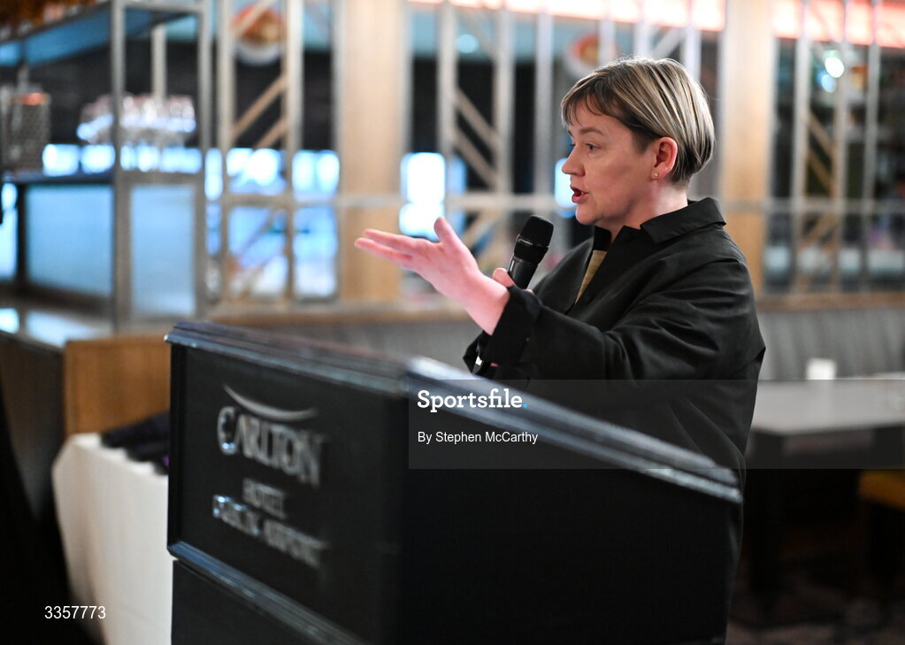 14 February 2026; Joan Kehoe, founder and CEO of alchelyst and chairperson of Kilmacud Crokes, speaking at the Learn to Lead LGFA Female Leadership Programme graduation evening at The Carlton Hotel in Santry, Dublin. The Learn to Lead programme was devised to develop the next generation of leaders within Ladies Gaelic Football. Photo by Stephen McCarthy/Sportsfile