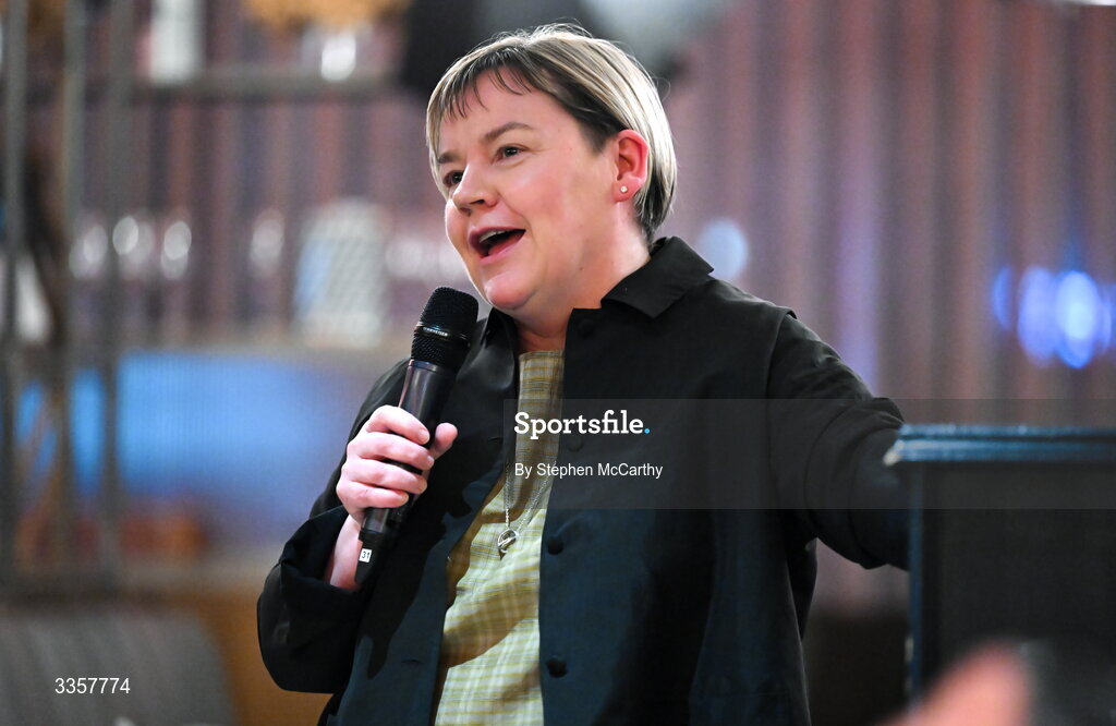 14 February 2026; Joan Kehoe, founder and CEO of alchelyst and chairperson of Kilmacud Crokes, speaking at the Learn to Lead LGFA Female Leadership Programme graduation evening at The Carlton Hotel in Santry, Dublin. The Learn to Lead programme was devised to develop the next generation of leaders within Ladies Gaelic Football. Photo by Stephen McCarthy/Sportsfile