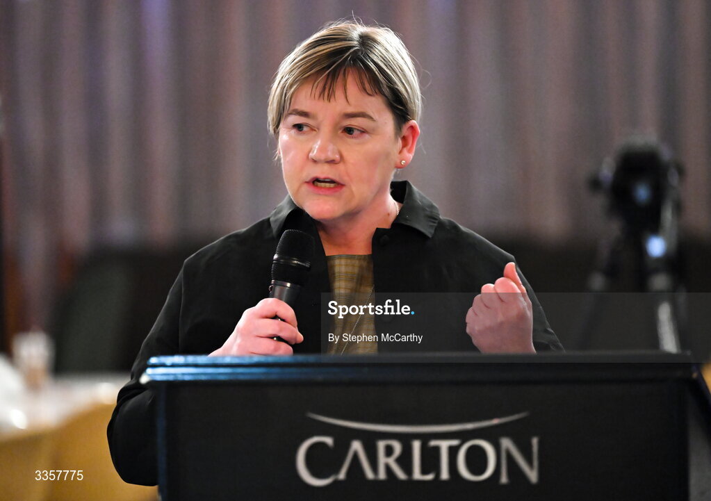 14 February 2026; Joan Kehoe, founder and CEO of alchelyst and chairperson of Kilmacud Crokes, speaking at the Learn to Lead LGFA Female Leadership Programme graduation evening at The Carlton Hotel in Santry, Dublin. The Learn to Lead programme was devised to develop the next generation of leaders within Ladies Gaelic Football. Photo by Stephen McCarthy/Sportsfile