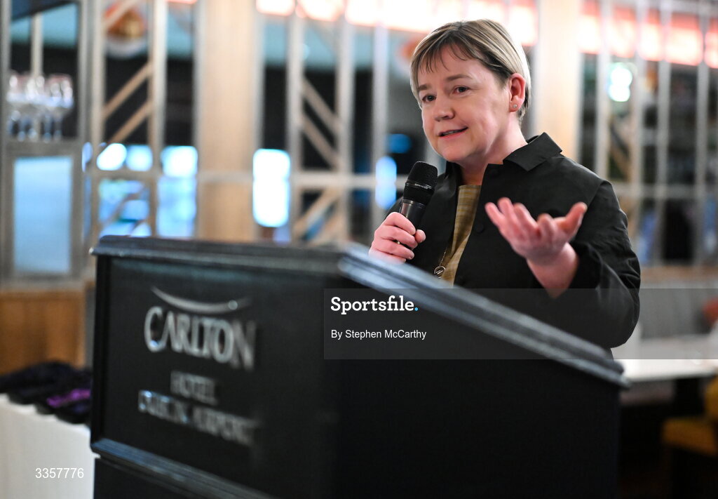14 February 2026; Joan Kehoe, founder and CEO of alchelyst and chairperson of Kilmacud Crokes, speaking at the Learn to Lead LGFA Female Leadership Programme graduation evening at The Carlton Hotel in Santry, Dublin. The Learn to Lead programme was devised to develop the next generation of leaders within Ladies Gaelic Football. Photo by Stephen McCarthy/Sportsfile