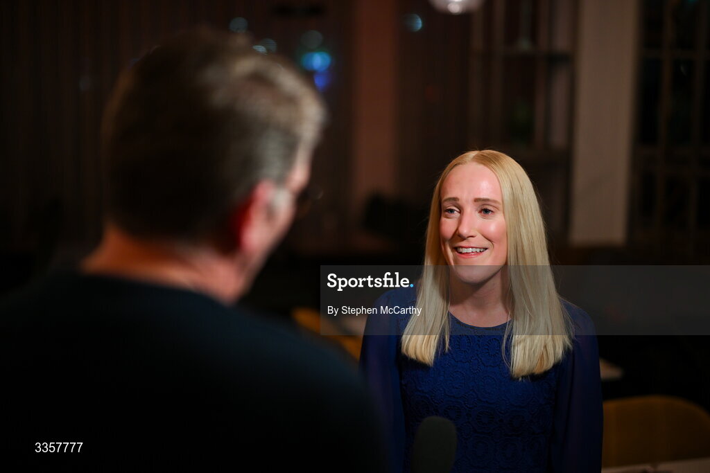 14 February 2026; Méabh De Búrca of Salthill Knocknacarra, Galway, is interviewed at the Learn to Lead LGFA Female Leadership Programme graduation evening at The Carlton Hotel in Santry, Dublin. The Learn to Lead programme was devised to develop the next generation of leaders within Ladies Gaelic Football. Photo by Stephen McCarthy/Sportsfile