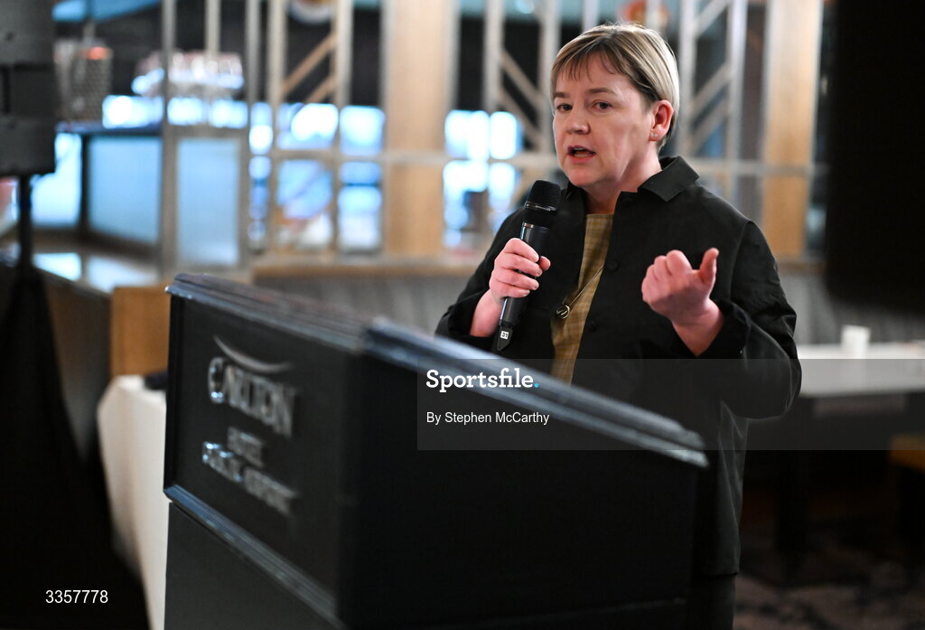 14 February 2026; Joan Kehoe, founder and CEO of alchelyst and chairperson of Kilmacud Crokes, speaking at the Learn to Lead LGFA Female Leadership Programme graduation evening at The Carlton Hotel in Santry, Dublin. The Learn to Lead programme was devised to develop the next generation of leaders within Ladies Gaelic Football. Photo by Stephen McCarthy/Sportsfile