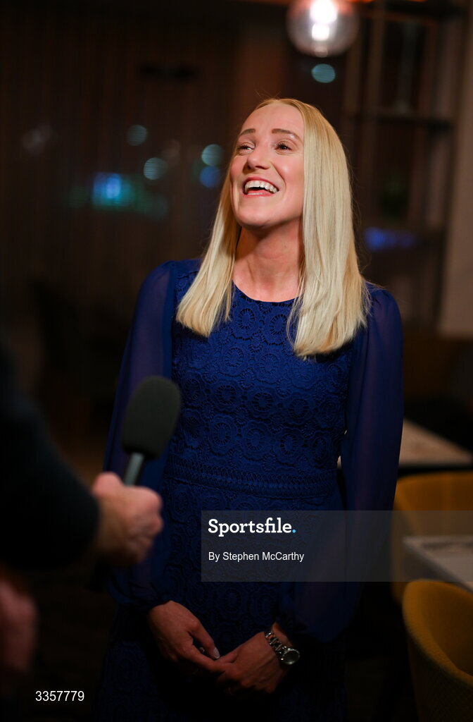 14 February 2026; Méabh De Búrca of Salthill Knocknacarra, Galway, is interviewed at the Learn to Lead LGFA Female Leadership Programme graduation evening at The Carlton Hotel in Santry, Dublin. The Learn to Lead programme was devised to develop the next generation of leaders within Ladies Gaelic Football. Photo by Stephen McCarthy/Sportsfile