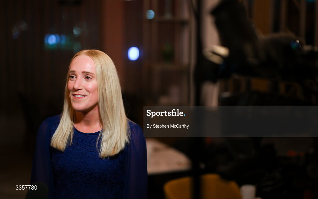 14 February 2026; Méabh De Búrca of Salthill Knocknacarra, Galway, is interviewed at the Learn to Lead LGFA Female Leadership Programme graduation evening at The Carlton Hotel in Santry, Dublin. The Learn to Lead programme was devised to develop the next generation of leaders within Ladies Gaelic Football. Photo by Stephen McCarthy/Sportsfile