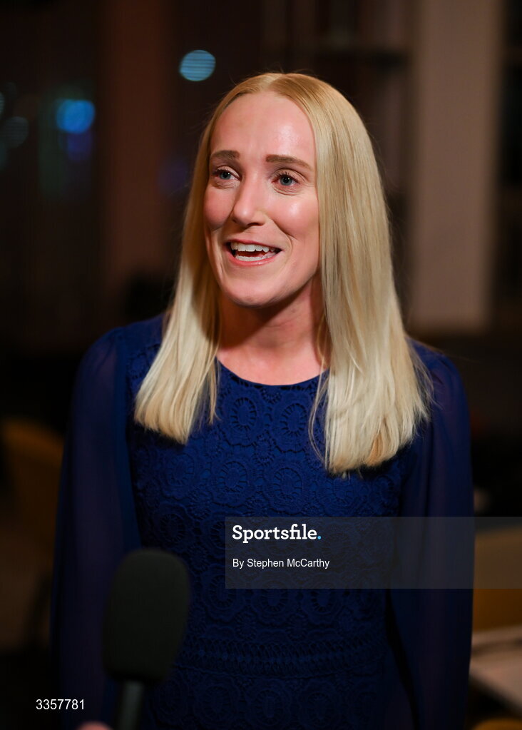 14 February 2026; Méabh De Búrca of Salthill Knocknacarra, Galway, is interviewed at the Learn to Lead LGFA Female Leadership Programme graduation evening at The Carlton Hotel in Santry, Dublin. The Learn to Lead programme was devised to develop the next generation of leaders within Ladies Gaelic Football. Photo by Stephen McCarthy/Sportsfile
