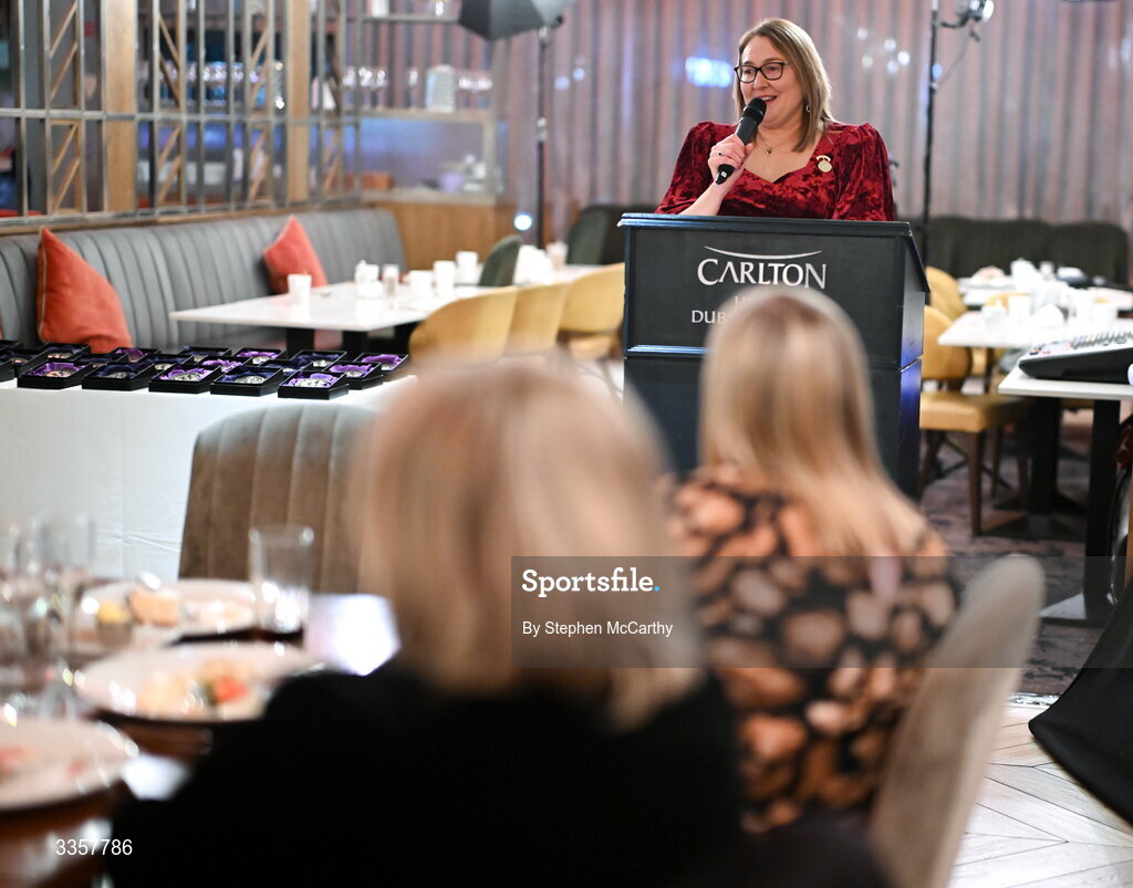 14 February 2026; Uachtarán Cumann Peil Gael na mBan Trina Murray at the Learn to Lead LGFA Female Leadership Programme graduation evening at The Carlton Hotel in Santry, Dublin. The Learn to Lead programme was devised to develop the next generation of leaders within Ladies Gaelic Football. Photo by Stephen McCarthy/Sportsfile