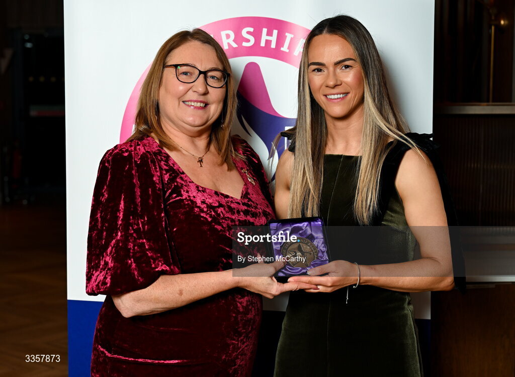 14 February 2026; Sarah Marley of Lissummon, Armagh, is presented with her graduation medallion by Uachtarán Cumann Peil Gael na mBan Trina Murray at the Learn to Lead LGFA Female Leadership Programme graduation evening at The Carlton Hotel in Santry, Dublin. The Learn to Lead programme was devised to develop the next generation of leaders within Ladies Gaelic Football. Photo by Stephen McCarthy/Sportsfile