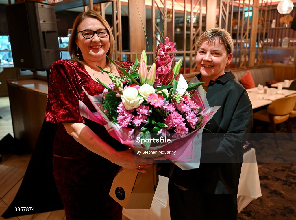 14 February 2026; Uachtarán Cumann Peil Gael na mBan Trina Murray and Joan Kehoe at the Learn to Lead LGFA Female Leadership Programme graduation evening at The Carlton Hotel in Santry, Dublin. The Learn to Lead programme was devised to develop the next generation of leaders within Ladies Gaelic Football. Photo by Stephen McCarthy/Sportsfile