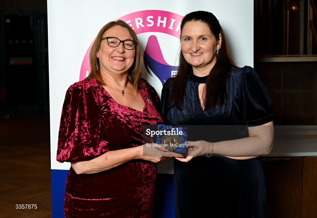 14 February 2026; Katrina Stack of Laune Rangers, Kerry, is presented with her graduation medallion by Uachtarán Cumann Peil Gael na mBan Trina Murray at the Learn to Lead LGFA Female Leadership Programme graduation evening at The Carlton Hotel in Santry, Dublin. The Learn to Lead programme was devised to develop the next generation of leaders within Ladies Gaelic Football. Photo by Stephen McCarthy/Sportsfile