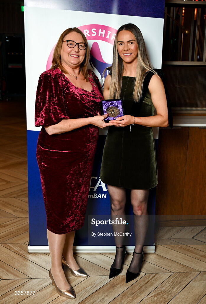 14 February 2026; Sarah Marley of Lissummon, Armagh, is presented with her graduation medallion by Uachtarán Cumann Peil Gael na mBan Trina Murray at the Learn to Lead LGFA Female Leadership Programme graduation evening at The Carlton Hotel in Santry, Dublin. The Learn to Lead programme was devised to develop the next generation of leaders within Ladies Gaelic Football. Photo by Stephen McCarthy/Sportsfile