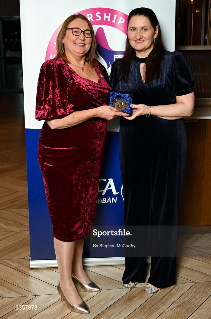 14 February 2026; Katrina Stack of Laune Rangers, Kerry, is presented with her graduation medallion by Uachtarán Cumann Peil Gael na mBan Trina Murray at the Learn to Lead LGFA Female Leadership Programme graduation evening at The Carlton Hotel in Santry, Dublin. The Learn to Lead programme was devised to develop the next generation of leaders within Ladies Gaelic Football. Photo by Stephen McCarthy/Sportsfile