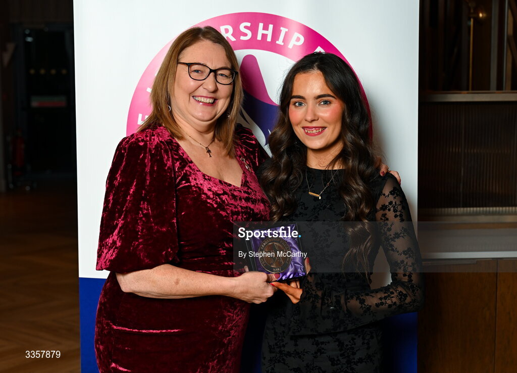 14 February 2026; Megan Gaughan of St Mary’s Tulsk, Roscommon, is presented with her graduation medallion by Uachtarán Cumann Peil Gael na mBan Trina Murray at the Learn to Lead LGFA Female Leadership Programme graduation evening at The Carlton Hotel in Santry, Dublin. The Learn to Lead programme was devised to develop the next generation of leaders within Ladies Gaelic Football. Photo by Stephen McCarthy/Sportsfile