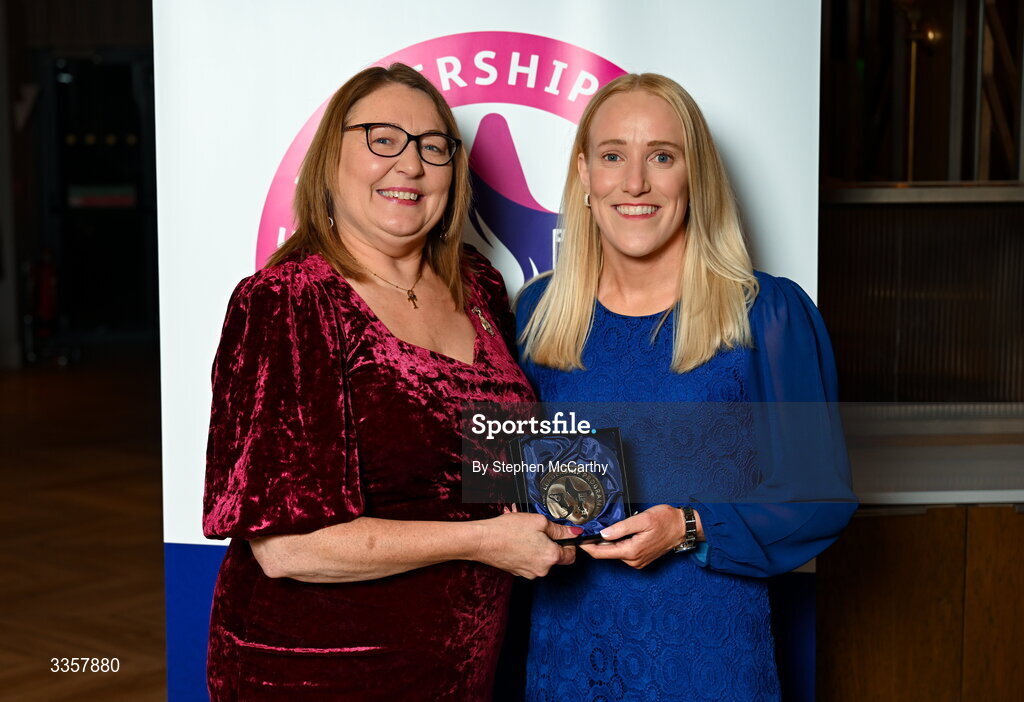 14 February 2026; Méabh De Búrca of Salthill Knocknacarra, Galway, is presented with her graduation medallion by Uachtarán Cumann Peil Gael na mBan Trina Murray at the Learn to Lead LGFA Female Leadership Programme graduation evening at The Carlton Hotel in Santry, Dublin. The Learn to Lead programme was devised to develop the next generation of leaders within Ladies Gaelic Football. Photo by Stephen McCarthy/Sportsfile