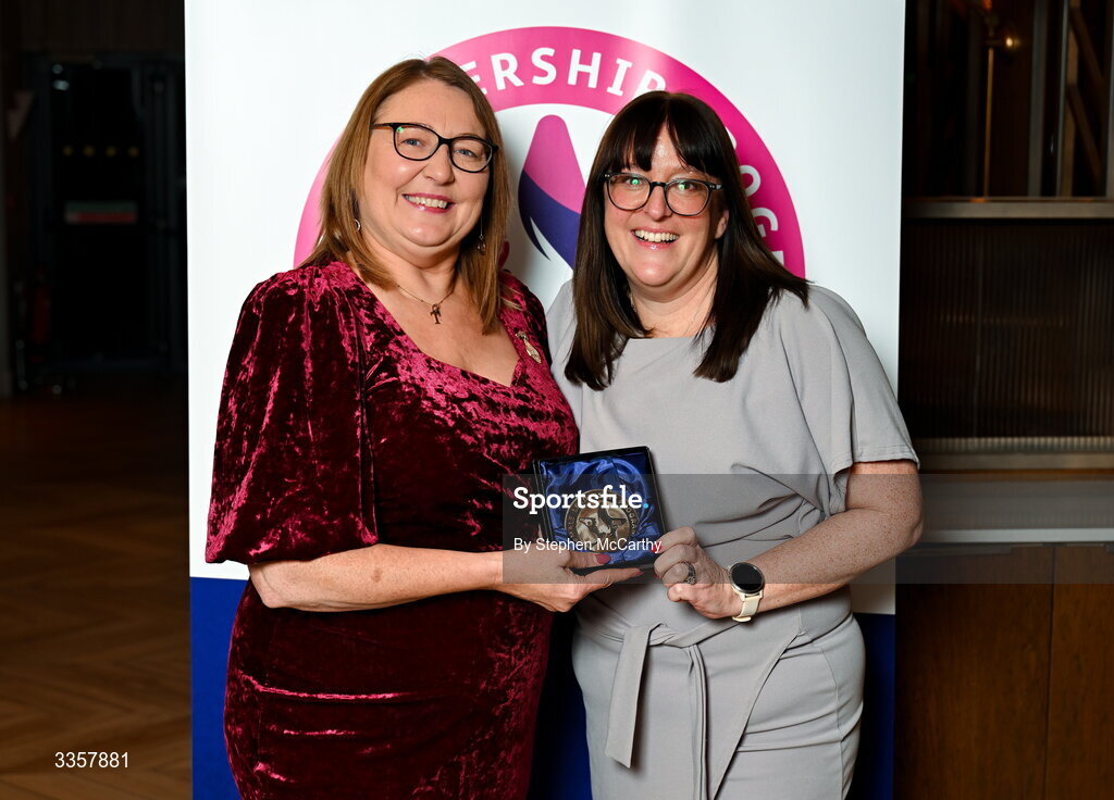 14 February 2026; Grainne Coleman of Beann Eadair, Dublin, is presented with her graduation medallion by Uachtarán Cumann Peil Gael na mBan Trina Murray at the Learn to Lead LGFA Female Leadership Programme graduation evening at The Carlton Hotel in Santry, Dublin. The Learn to Lead programme was devised to develop the next generation of leaders within Ladies Gaelic Football. Photo by Stephen McCarthy/Sportsfile