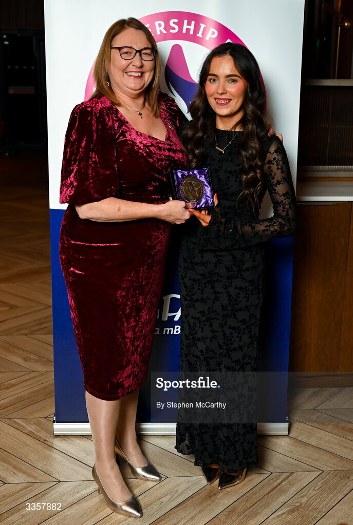 14 February 2026; Megan Gaughan of St Mary’s Tulsk, Roscommon, is presented with her graduation medallion by Uachtarán Cumann Peil Gael na mBan Trina Murray at the Learn to Lead LGFA Female Leadership Programme graduation evening at The Carlton Hotel in Santry, Dublin. The Learn to Lead programme was devised to develop the next generation of leaders within Ladies Gaelic Football. Photo by Stephen McCarthy/Sportsfile