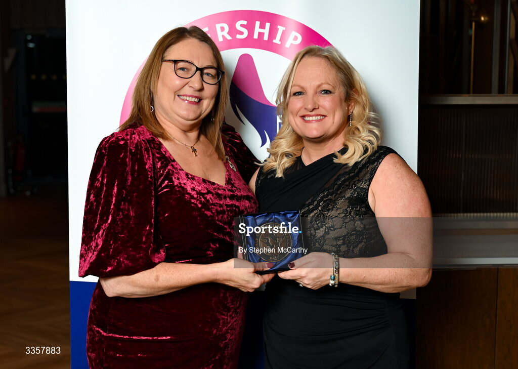 14 February 2026; Louise Brady of Naomh Seamas, Antrim, is presented with her graduation medallion by Uachtarán Cumann Peil Gael na mBan Trina Murray at the Learn to Lead LGFA Female Leadership Programme graduation evening at The Carlton Hotel in Santry, Dublin. The Learn to Lead programme was devised to develop the next generation of leaders within Ladies Gaelic Football. Photo by Stephen McCarthy/Sportsfile