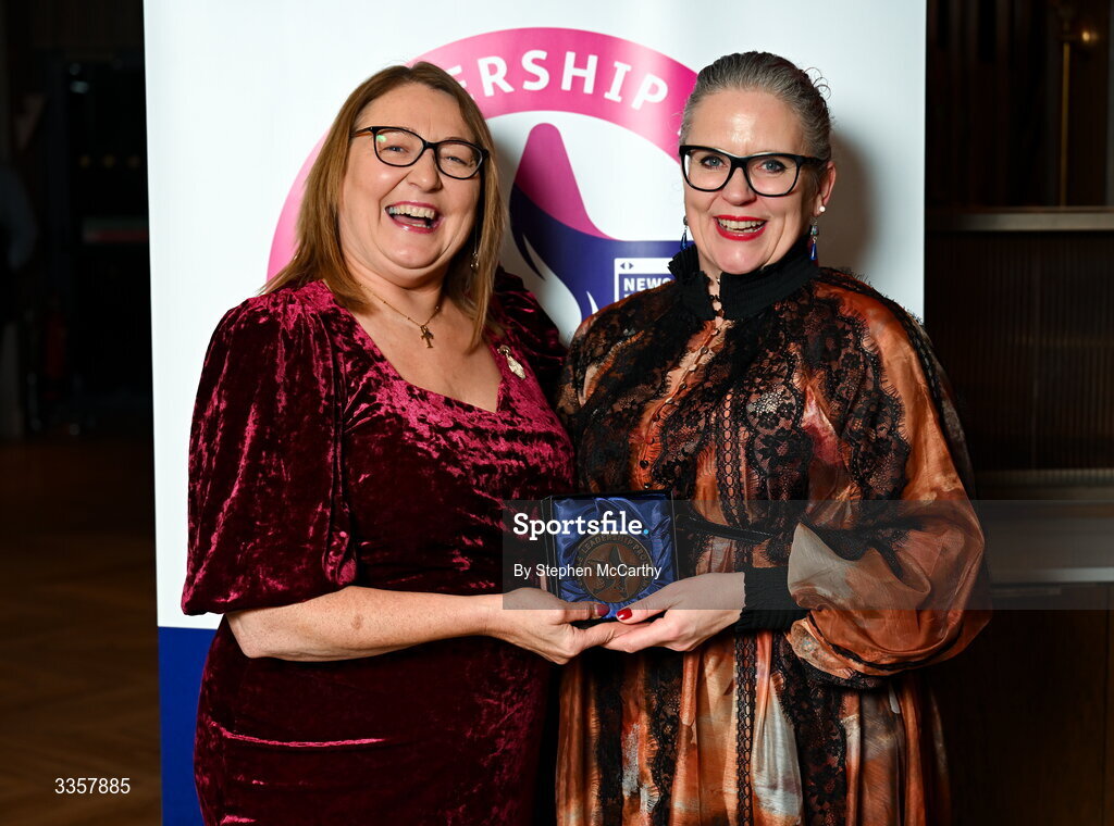 14 February 2026; Eileen Daly of Tramore, Waterford, is presented with her graduation medallion by Uachtarán Cumann Peil Gael na mBan Trina Murray at the Learn to Lead LGFA Female Leadership Programme graduation evening at The Carlton Hotel in Santry, Dublin. The Learn to Lead programme was devised to develop the next generation of leaders within Ladies Gaelic Football. Photo by Stephen McCarthy/Sportsfile