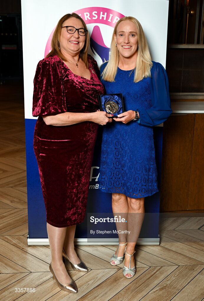 14 February 2026; Méabh De Búrca of Salthill Knocknacarra, Galway, is presented with her graduation medallion by Uachtarán Cumann Peil Gael na mBan Trina Murray at the Learn to Lead LGFA Female Leadership Programme graduation evening at The Carlton Hotel in Santry, Dublin. The Learn to Lead programme was devised to develop the next generation of leaders within Ladies Gaelic Football. Photo by Stephen McCarthy/Sportsfile