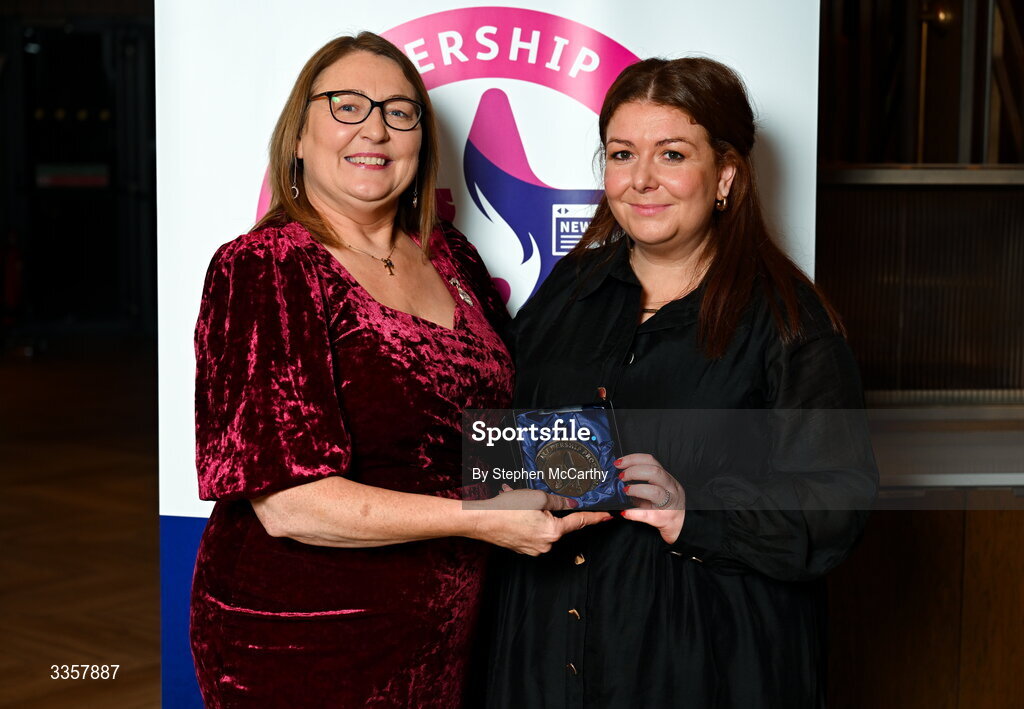 14 February 2026; Emma Oliver of St Peter’s, Armagh, is presented with her graduation medallion by Uachtarán Cumann Peil Gael na mBan Trina Murray at the Learn to Lead LGFA Female Leadership Programme graduation evening at The Carlton Hotel in Santry, Dublin. The Learn to Lead programme was devised to develop the next generation of leaders within Ladies Gaelic Football. Photo by Stephen McCarthy/Sportsfile
