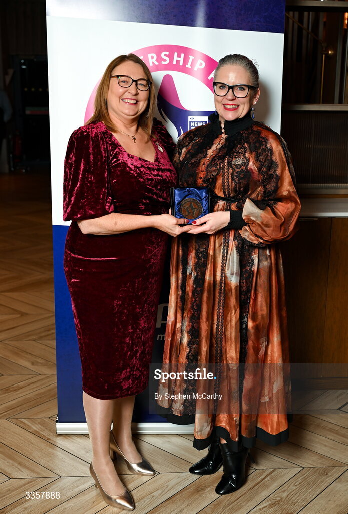 14 February 2026; Eileen Daly of Tramore, Waterford, is presented with her graduation medallion by Uachtarán Cumann Peil Gael na mBan Trina Murray at the Learn to Lead LGFA Female Leadership Programme graduation evening at The Carlton Hotel in Santry, Dublin. The Learn to Lead programme was devised to develop the next generation of leaders within Ladies Gaelic Football. Photo by Stephen McCarthy/Sportsfile