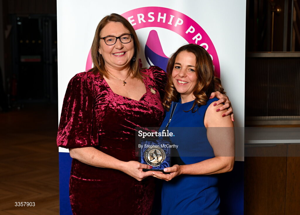 14 February 2026; Judith Sharvin Cunningham of Saul, Down, is presented with her graduation medallion by Uachtarán Cumann Peil Gael na mBan Trina Murray at the Learn to Lead LGFA Female Leadership Programme graduation evening at The Carlton Hotel in Santry, Dublin. The Learn to Lead programme was devised to develop the next generation of leaders within Ladies Gaelic Football. Photo by Stephen McCarthy/Sportsfile