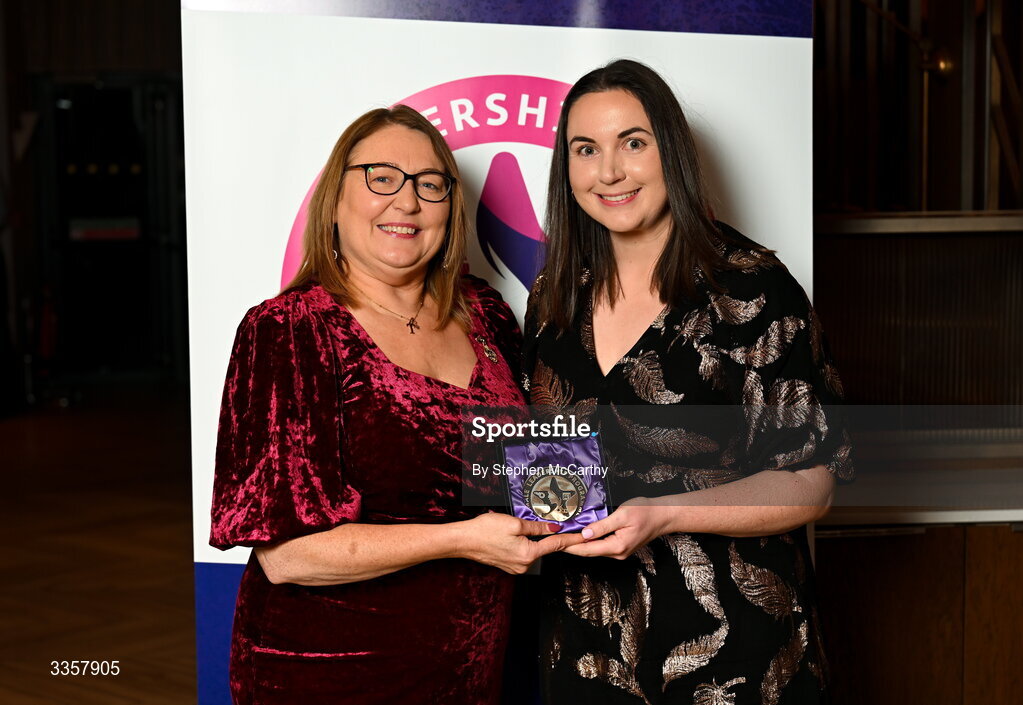 14 February 2026; Orla Kavanagh of Geraldine P Morans, Dublin, is presented with her graduation medallion by Uachtarán Cumann Peil Gael na mBan Trina Murray at the Learn to Lead LGFA Female Leadership Programme graduation evening at The Carlton Hotel in Santry, Dublin. The Learn to Lead programme was devised to develop the next generation of leaders within Ladies Gaelic Football. Photo by Stephen McCarthy/Sportsfile