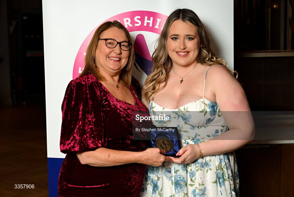 14 February 2026; Nicole Leonard of Shandonagh, Westmeath, is presented with her graduation medallion by Uachtarán Cumann Peil Gael na mBan Trina Murray at the Learn to Lead LGFA Female Leadership Programme graduation evening at The Carlton Hotel in Santry, Dublin. The Learn to Lead programme was devised to develop the next generation of leaders within Ladies Gaelic Football. Photo by Stephen McCarthy/Sportsfile