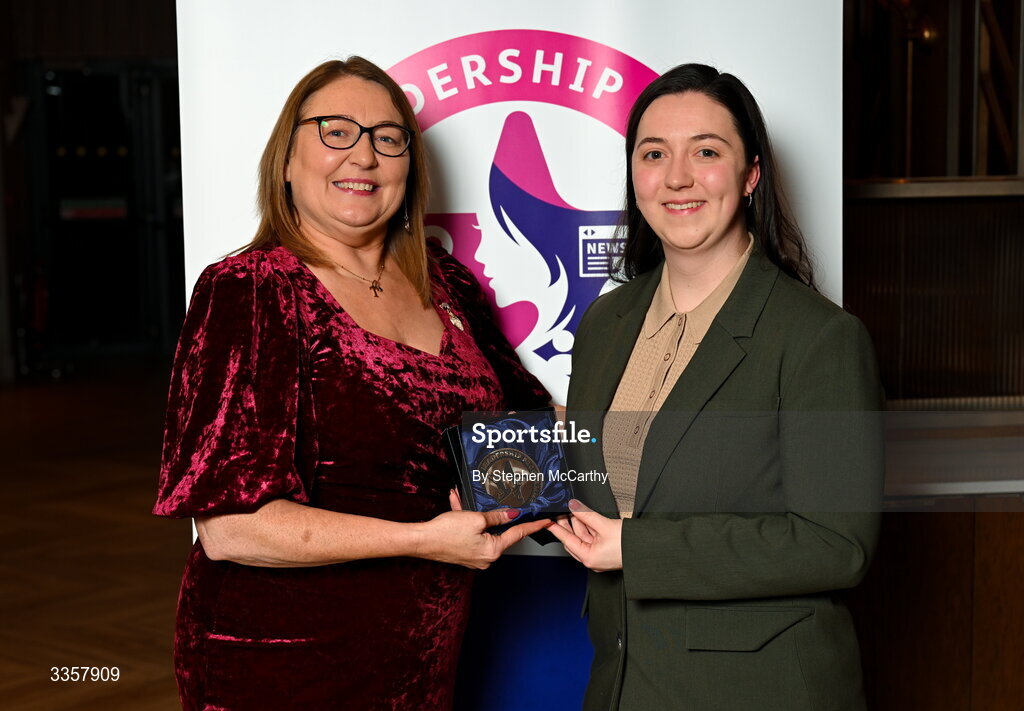 14 February 2026; Caoimhe Ryan of St. Patrick’s, Tipperary, is presented with her graduation medallion by Uachtarán Cumann Peil Gael na mBan Trina Murray at the Learn to Lead LGFA Female Leadership Programme graduation evening at The Carlton Hotel in Santry, Dublin. The Learn to Lead programme was devised to develop the next generation of leaders within Ladies Gaelic Football. Photo by Stephen McCarthy/Sportsfile