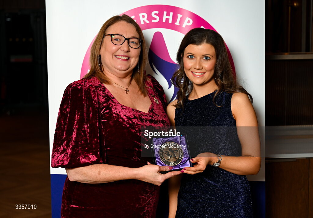 14 February 2026; Gemma Monahan of Skryne, Meath, is presented with her graduation medallion by Uachtarán Cumann Peil Gael na mBan Trina Murray at the Learn to Lead LGFA Female Leadership Programme graduation evening at The Carlton Hotel in Santry, Dublin. The Learn to Lead programme was devised to develop the next generation of leaders within Ladies Gaelic Football. Photo by Stephen McCarthy/Sportsfile