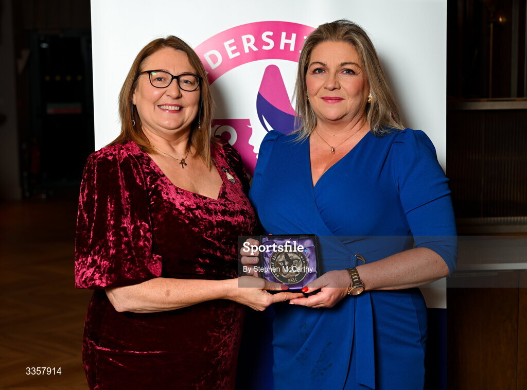 14 February 2026; Siobhan Hickey of Fr Griffin’s Éire Óg, Galway, is presented with her graduation medallion by Uachtarán Cumann Peil Gael na mBan Trina Murray at the Learn to Lead LGFA Female Leadership Programme graduation evening at The Carlton Hotel in Santry, Dublin. The Learn to Lead programme was devised to develop the next generation of leaders within Ladies Gaelic Football. Photo by Stephen McCarthy/Sportsfile