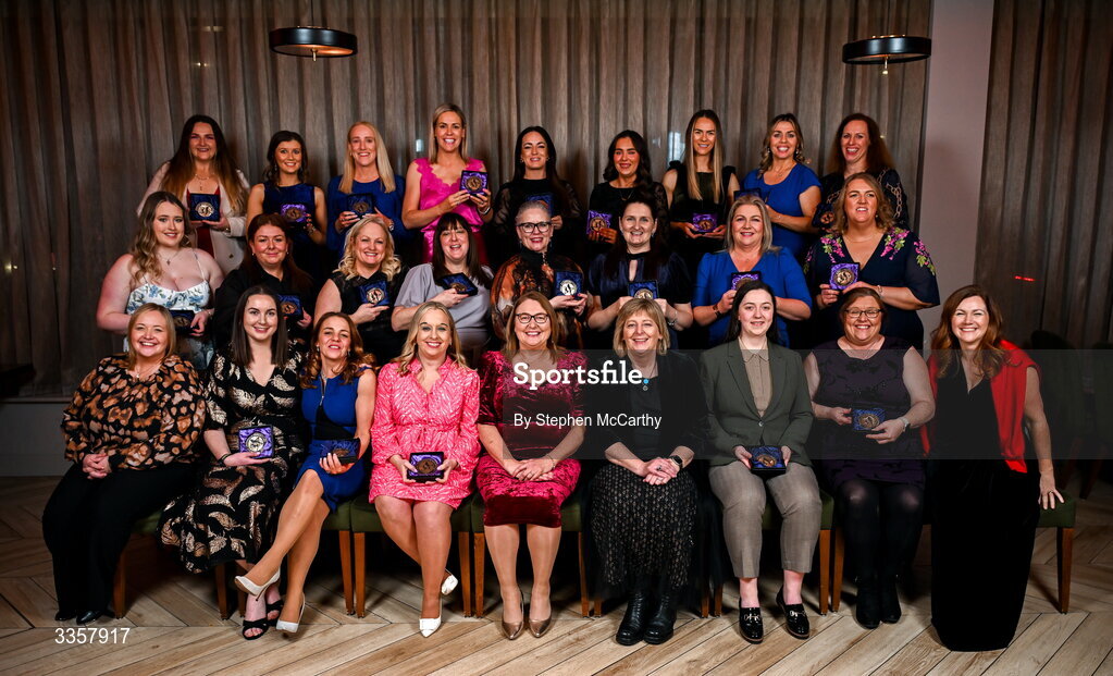 14 February 2026; Uachtarán Cumann Peil Gael na mBan Trina Murray, LGFA national development manager Lyn Savage, Maire Hickey, LGFA management, and Niamh McElwain with graduates at the Learn to Lead LGFA Female Leadership Programme graduation evening at The Carlton Hotel in Santry, Dublin. The Learn to Lead programme was devised to develop the next generation of leaders within Ladies Gaelic Football. Photo by Stephen McCarthy/Sportsfile
