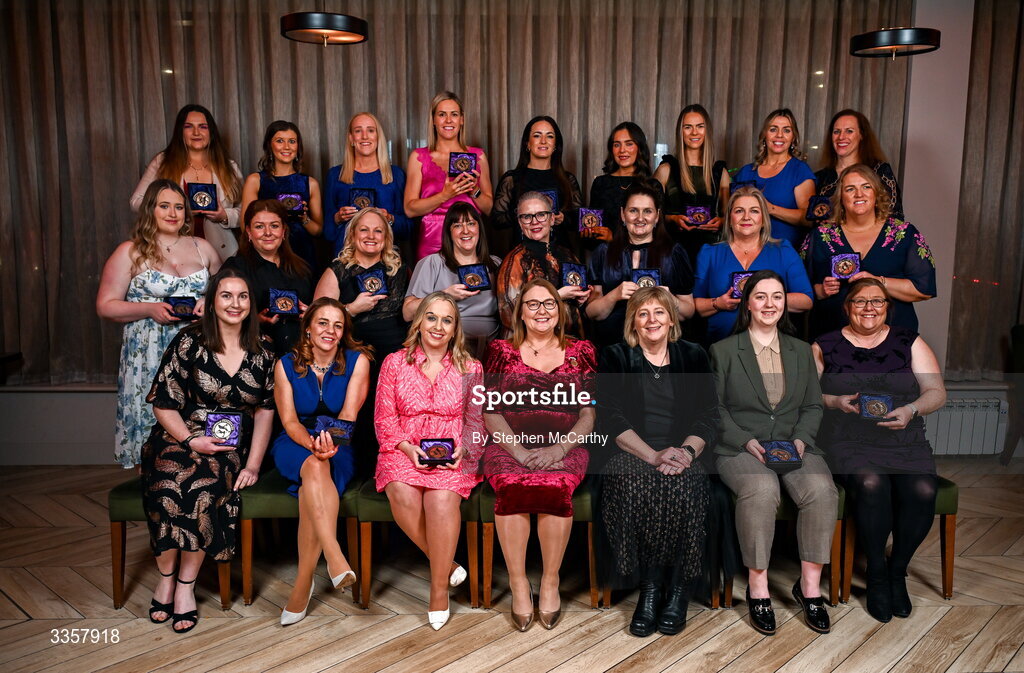 14 February 2026; Uachtarán Cumann Peil Gael na mBan Trina Murray and Maire Hickey, LGFA management, and graduates at the Learn to Lead LGFA Female Leadership Programme graduation evening at The Carlton Hotel in Santry, Dublin. The Learn to Lead programme was devised to develop the next generation of leaders within Ladies Gaelic Football. Photo by Stephen McCarthy/Sportsfile