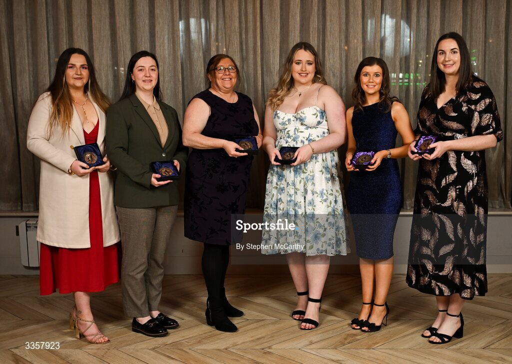 14 February 2026; The officiating strand graduates, from left, Emma Fox of Dunnamaggin, Kilkenny, Caoimhe Ryan of St. Patrick’s, Tipperary, Helen Rice of Loughinisland GAC, Down, Nicole Leonard of Shandonagh, Westmeath, Gemma Monahan of Skryne, Meath, and Orla Kavanagh of Geraldine P Morans, Dublin, at the Learn to Lead LGFA Female Leadership Programme graduation evening at The Carlton Hotel in Santry, Dublin. The Learn to Lead programme was devised to develop the next generation of leaders within Ladies Gaelic Football. Photo by Stephen McCarthy/Sportsfile
