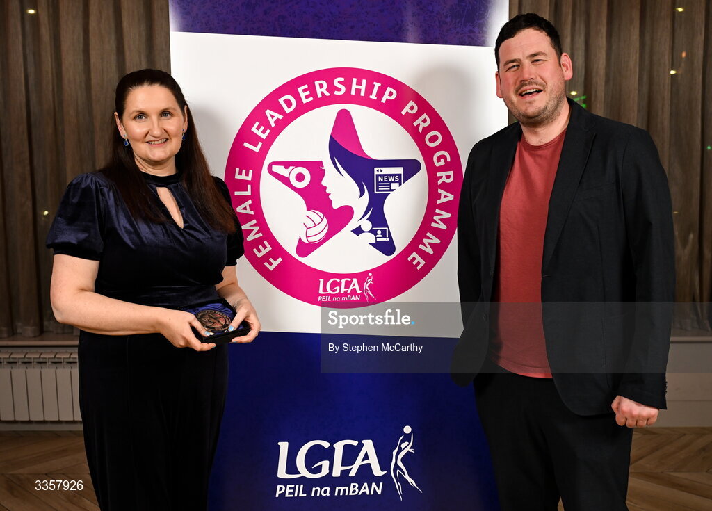 14 February 2026; Katrina Stack of Laune Rangers, Kerry, and Niall Mulrine, head of volunteer development, LGFA, at the Learn to Lead LGFA Female Leadership Programme graduation evening at The Carlton Hotel in Santry, Dublin. The Learn to Lead programme was devised to develop the next generation of leaders within Ladies Gaelic Football. Photo by Stephen McCarthy/Sportsfile