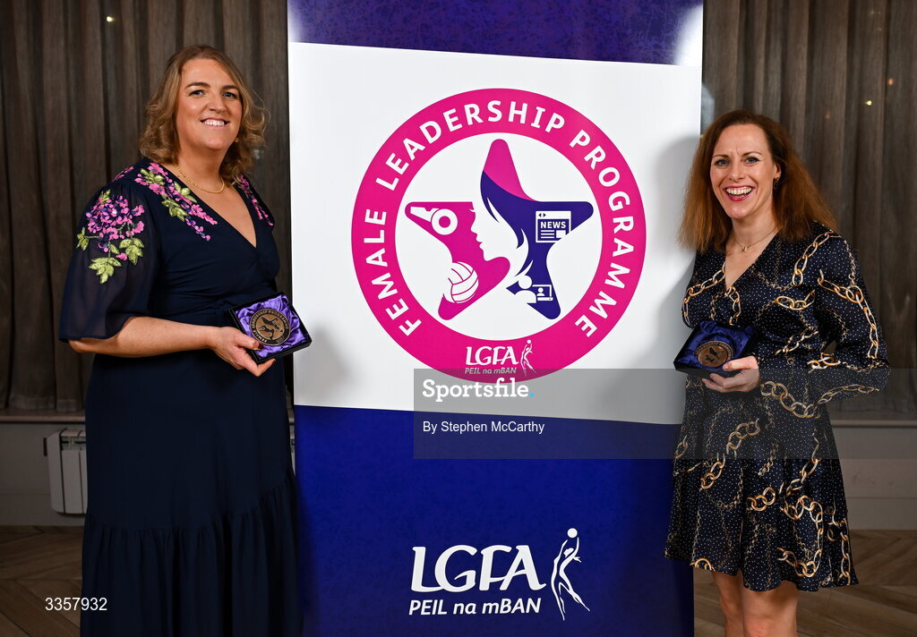14 February 2026; Caroline Hughes of Man O’War, Dublin, and Mary T McTavish of Shrule/Glencorrib, Mayo, at the Learn to Lead LGFA Female Leadership Programme graduation evening at The Carlton Hotel in Santry, Dublin. The Learn to Lead programme was devised to develop the next generation of leaders within Ladies Gaelic Football. Photo by Stephen McCarthy/Sportsfile