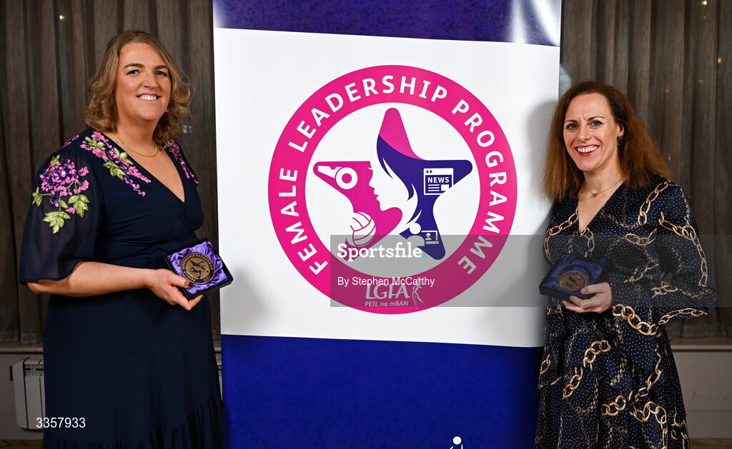 14 February 2026; Caroline Hughes of Man O’War, Dublin, and Mary T McTavish of Shrule/Glencorrib, Mayo, at the Learn to Lead LGFA Female Leadership Programme graduation evening at The Carlton Hotel in Santry, Dublin. The Learn to Lead programme was devised to develop the next generation of leaders within Ladies Gaelic Football. Photo by Stephen McCarthy/Sportsfile