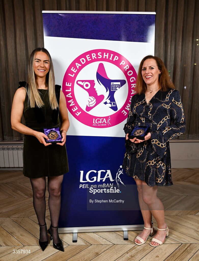 14 February 2026; Sarah Marley of Lissummon, Armagh, left, and Mary T McTavish of Shrule/Glencorrib, Mayo, at the Learn to Lead LGFA Female Leadership Programme graduation evening at The Carlton Hotel in Santry, Dublin. The Learn to Lead programme was devised to develop the next generation of leaders within Ladies Gaelic Football. Photo by Stephen McCarthy/Sportsfile