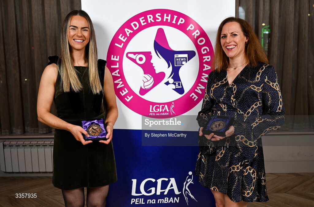 14 February 2026; Sarah Marley of Lissummon, Armagh, left, and Mary T McTavish of Shrule/Glencorrib, Mayo, at the Learn to Lead LGFA Female Leadership Programme graduation evening at The Carlton Hotel in Santry, Dublin. The Learn to Lead programme was devised to develop the next generation of leaders within Ladies Gaelic Football. Photo by Stephen McCarthy/Sportsfile