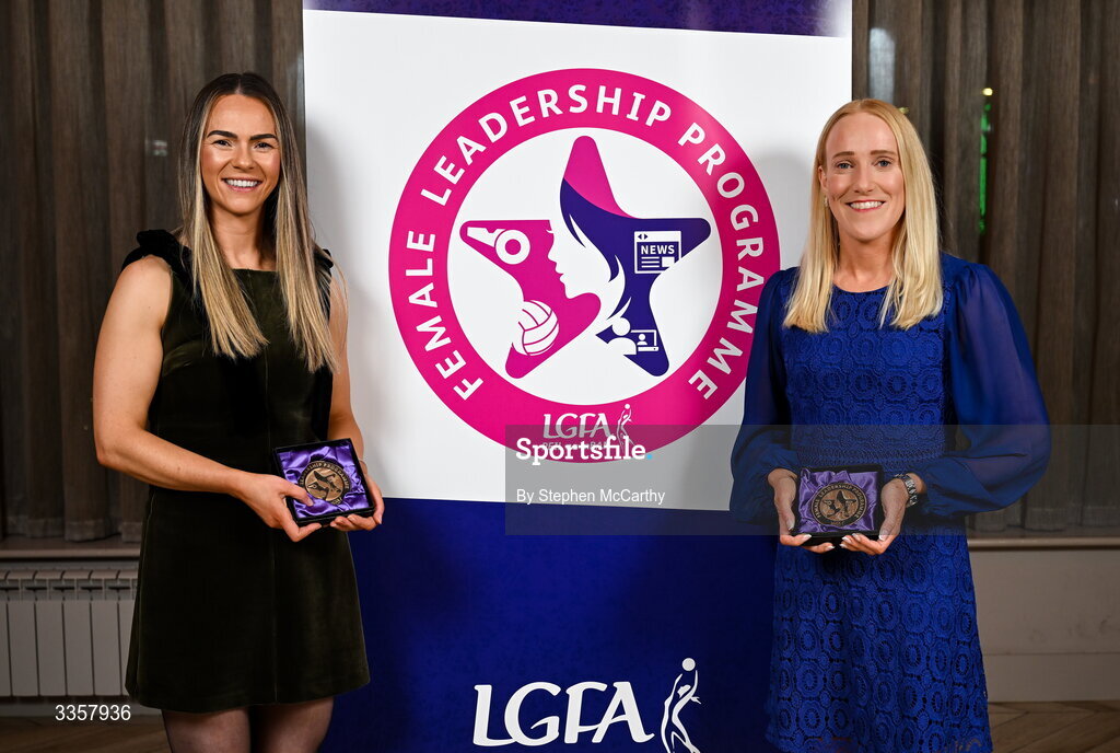 14 February 2026; Sarah Marley of Lissummon, Armagh, left, and Méabh De Búrca of Salthill Knocknacarra, Galway, at the Learn to Lead LGFA Female Leadership Programme graduation evening at The Carlton Hotel in Santry, Dublin. The Learn to Lead programme was devised to develop the next generation of leaders within Ladies Gaelic Football. Photo by Stephen McCarthy/Sportsfile