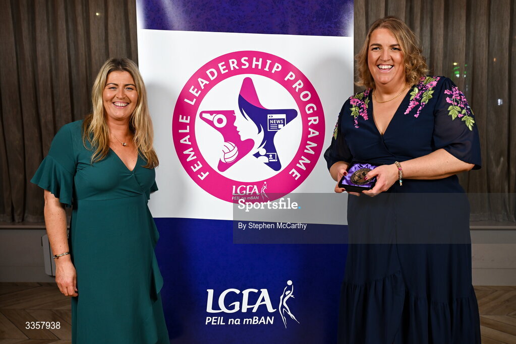 14 February 2026; Caroline Hughes of Man O’War, Dublin, and guest, left, at the Learn to Lead LGFA Female Leadership Programme graduation evening at The Carlton Hotel in Santry, Dublin. The Learn to Lead programme was devised to develop the next generation of leaders within Ladies Gaelic Football. Photo by Stephen McCarthy/Sportsfile